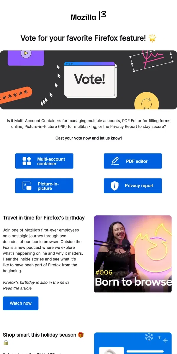 Email from Mozilla. What's your favorite Firefox feature?