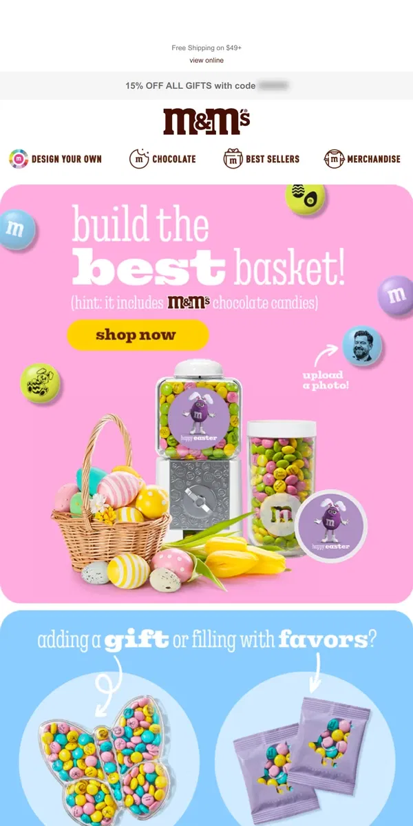 Email from M&M's. 15% off Gifts to Fill Your Easter Basket