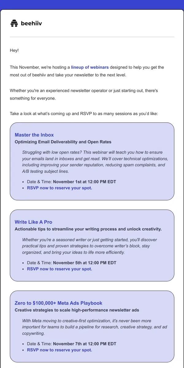 Email from beehiiv. Boost your newsletter strategy with our upcoming webinars