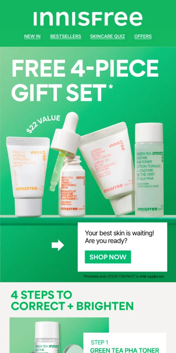 Email from innisfree. FREE Correct + Brighten Gift Set!