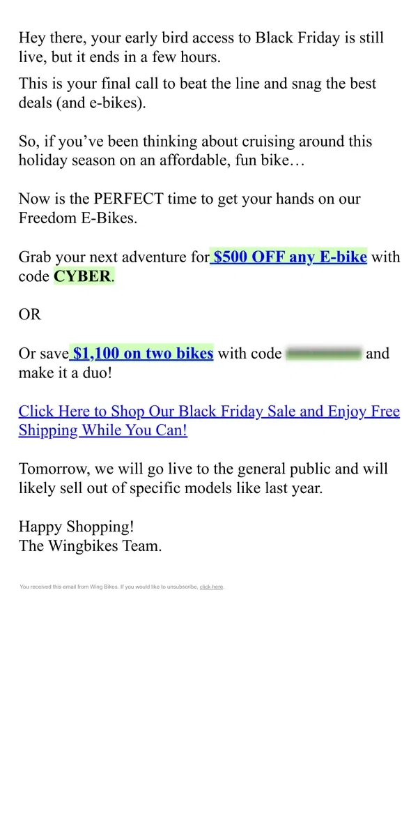 Email from Wing Bikes. Your VIP Black Friday Ends Soon!