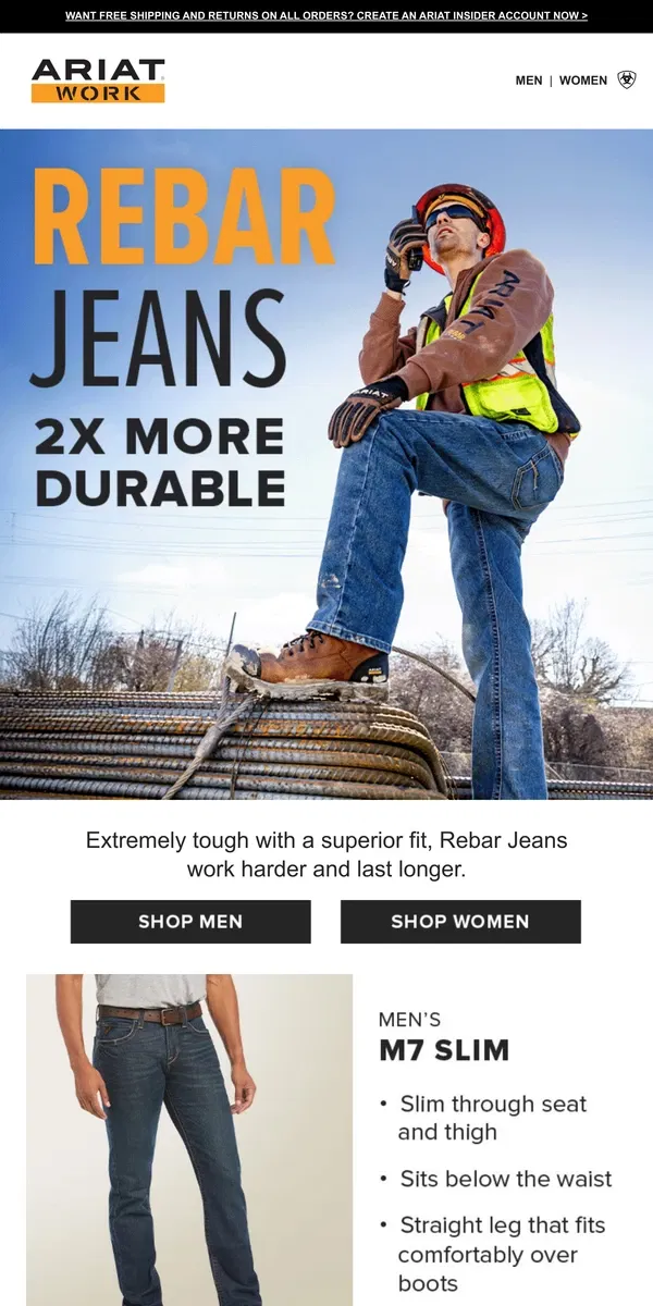 Email from Ariat. ­Our Work Jeans Have 2X the Durability­