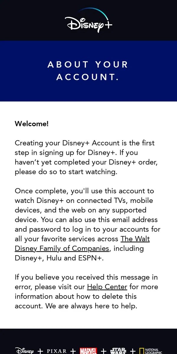 Email from Disney Plus. Your Disney+ Account