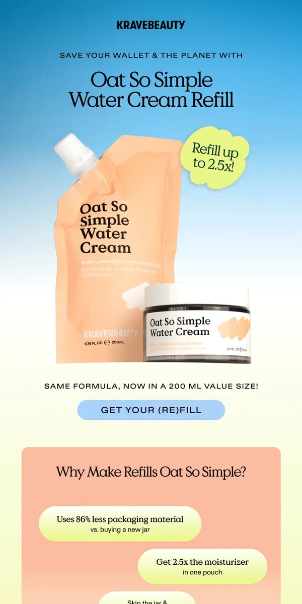 Email from KraveBeauty. NEW! Oat So Simple Refill Pouch