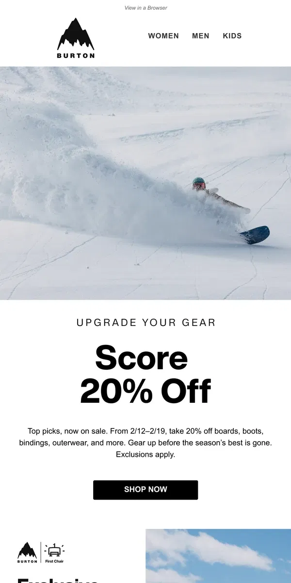 Email from Burton. Ride More, Spend Less