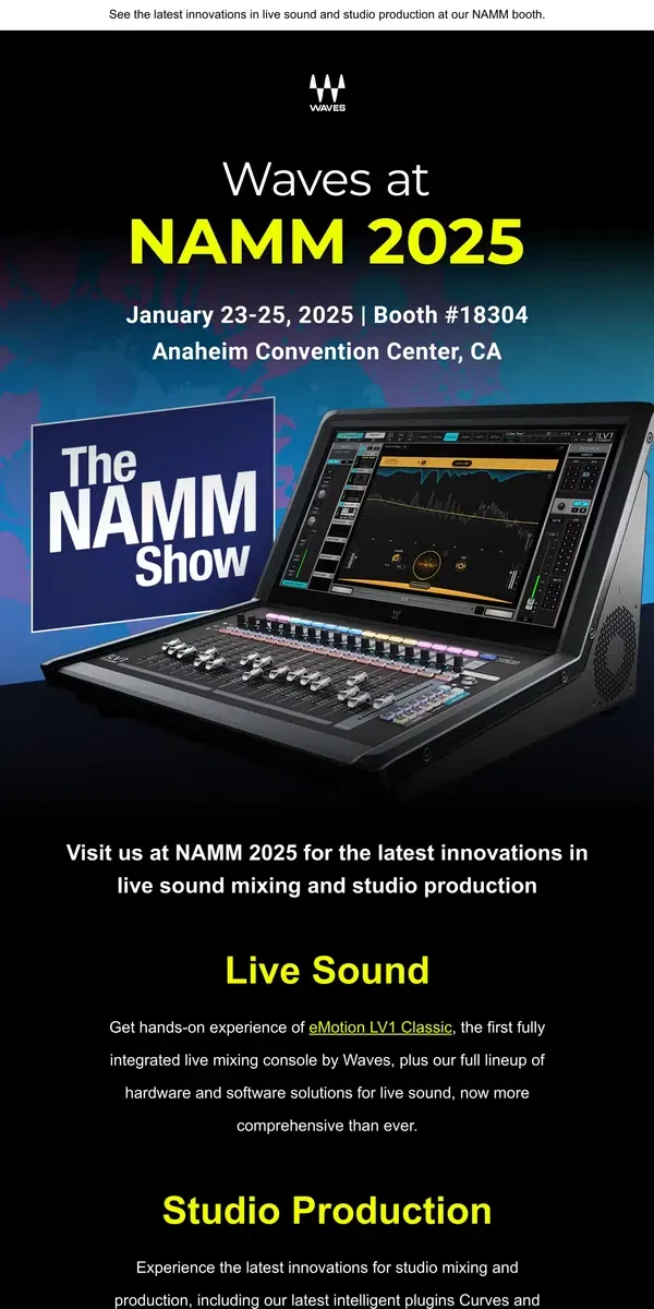 Email from Waves Audio. Come say hi at NAMM 2025!