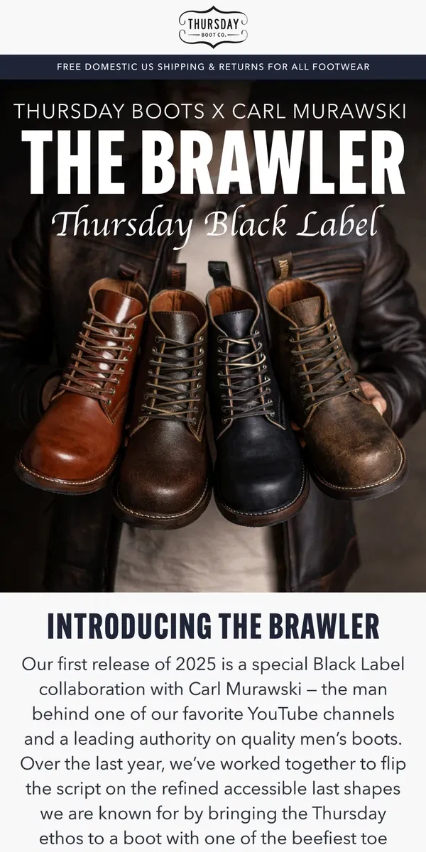 Email from Thursday Boot Company. New Black Label Boots Collaboration!