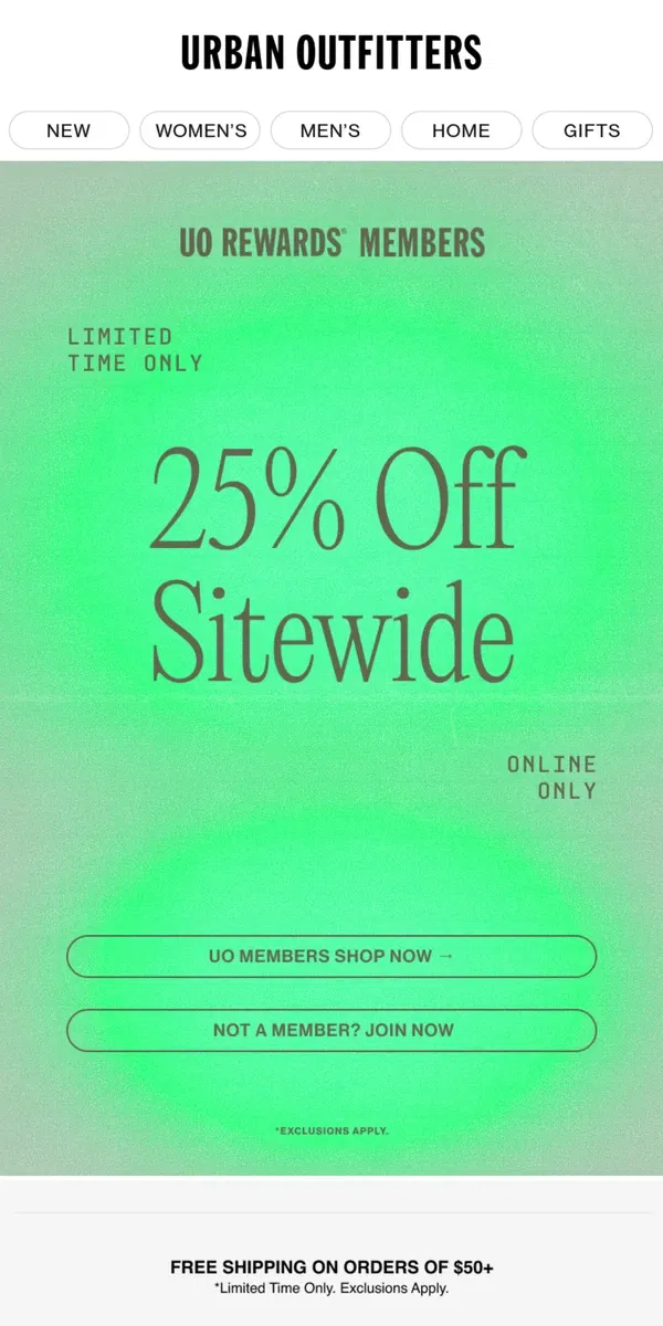 Email from Urban Outfitters. 25% OFF for UO Rewards members!