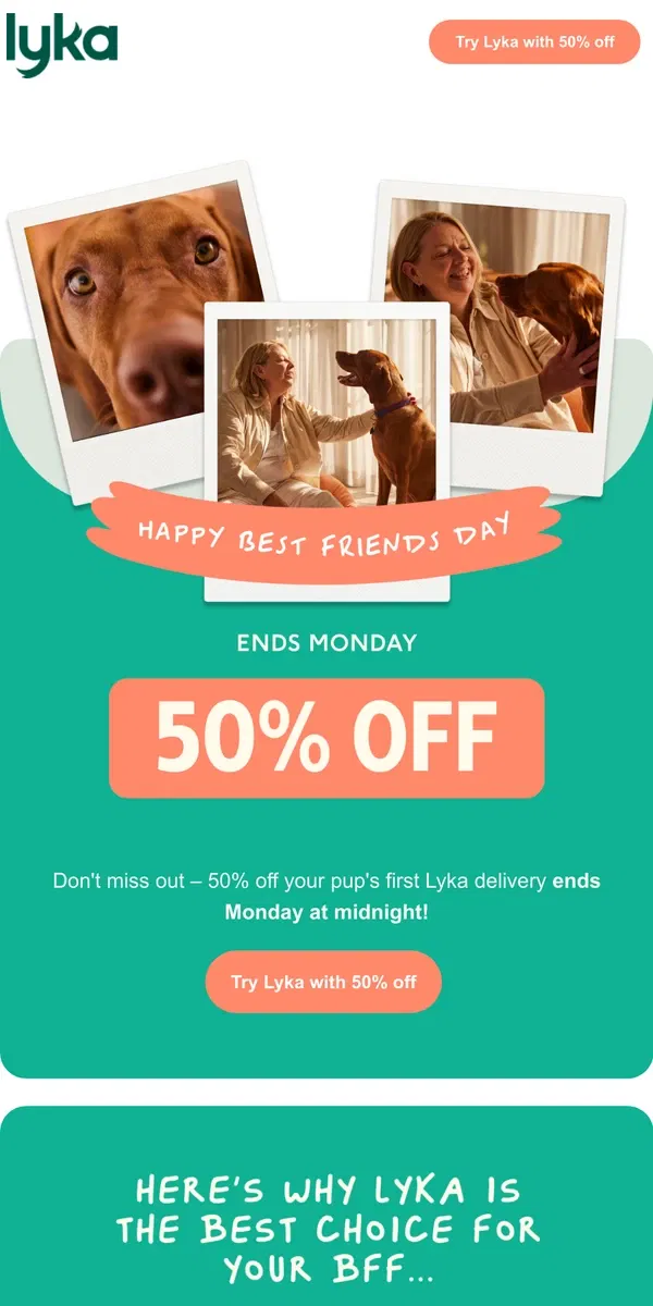 Email from Lyka. Last chance! 50% off Lyka for your pup ⏰