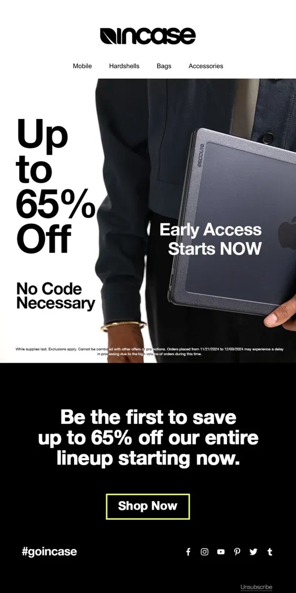 Email from Incase. First Dibs — Up to 65% Off