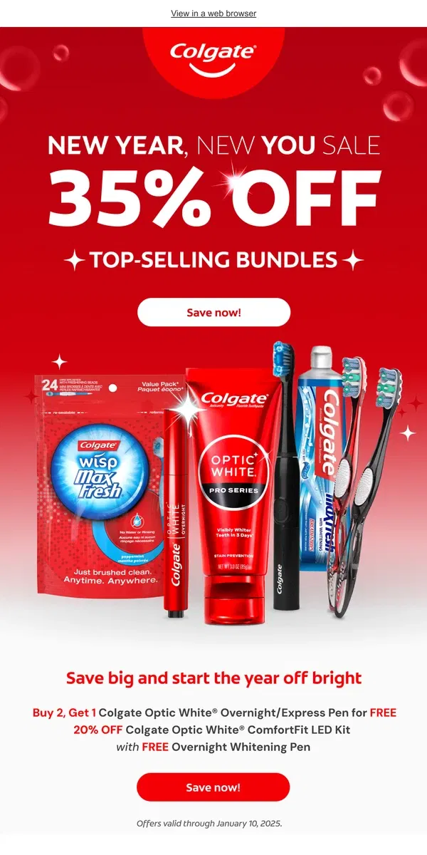 Email from Colgate. New Year’s sale on NOW!