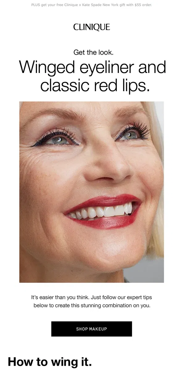 Email from Clinique. Wing your liner. Here’s how. PLUS, red lip tips.