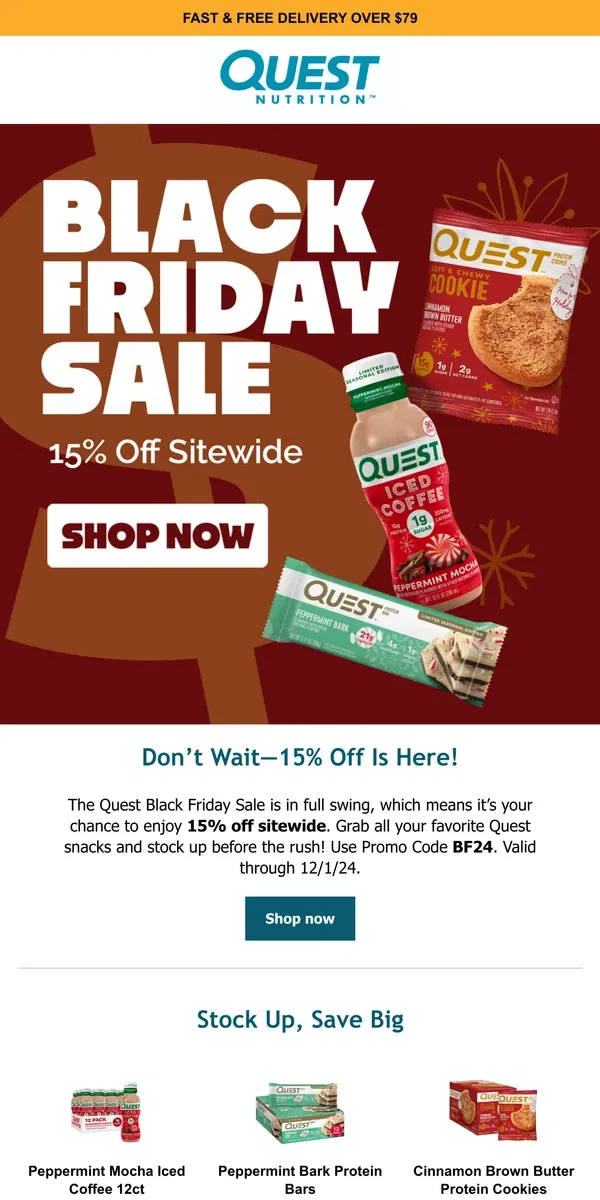 Email from Quest Nutrition. Time to Save! 15% off Black Friday Deals Await