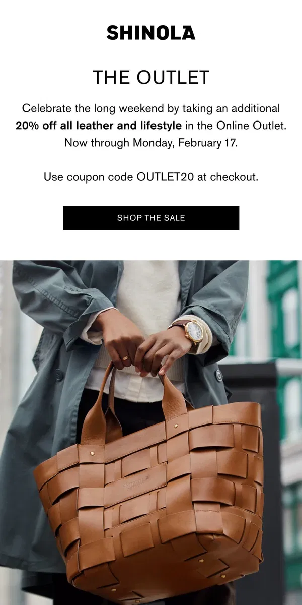 Email from Shinola Detroit. The Outlet - Extra 20% Off All Leather and Lifestyle