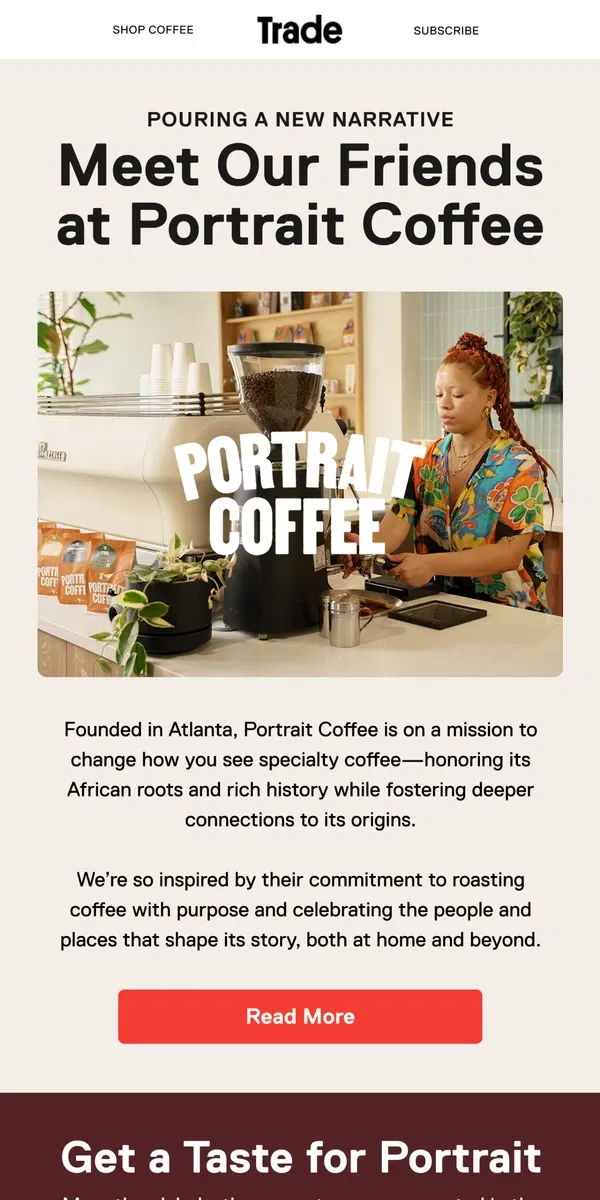 Email from Trade Coffee. Pouring a New Narrative in Coffee