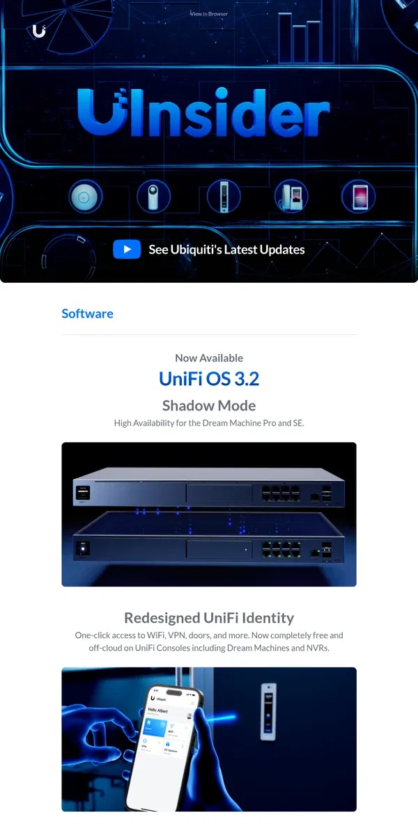 Email from Ubiquiti. What's New at Ubiquiti: UniFi OS 3.2, Site Manager Improvements, and Network 8.0.24