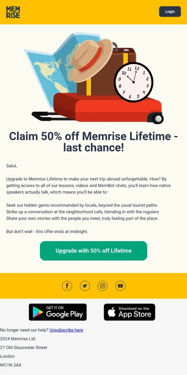 Email from Memrise. Offer ends tonight: Get 50% off Lifetime Pro - Speak confidently in your travels this year