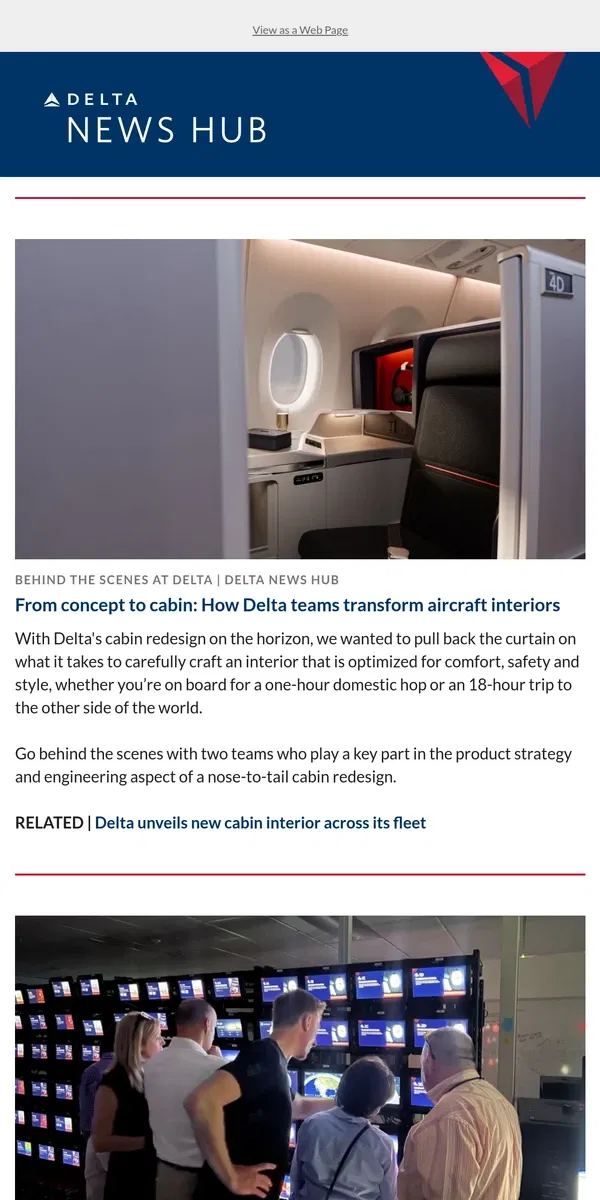 Email from Delta Air Lines. Go behind the scenes of Delta's new cabin redesign