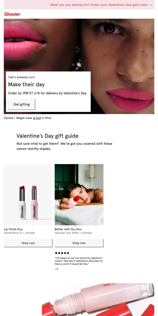 Email from Glossier. Valentine’s Day countdown