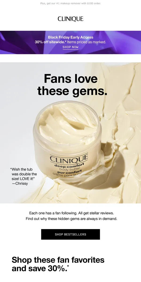 Email from Clinique. Take 30% off these fan-favorites today 🤩