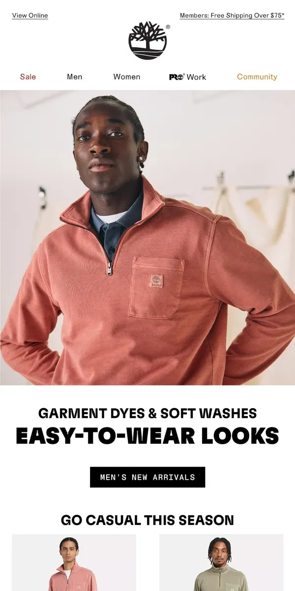 Email from Timberland. JUST IN: New garment-dyed sweats for men.​