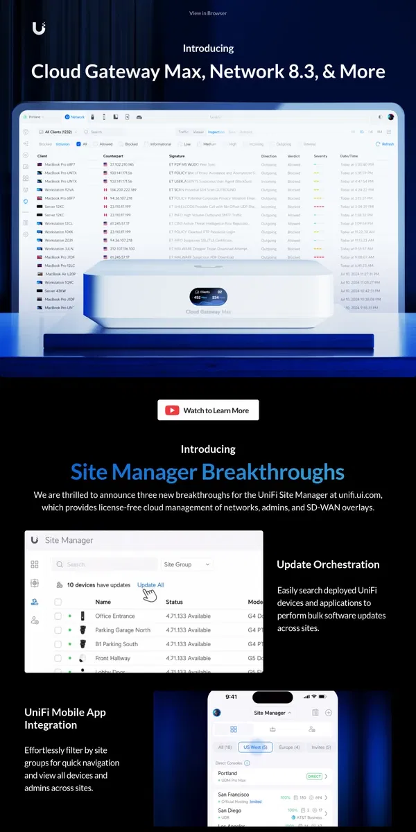 Email from Ubiquiti. UniFi Networking Innovations: Site Manager | Network 8.3 | Cloud Gateway Max