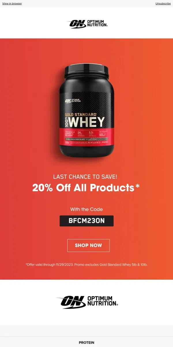 Email from Optimum Nutrition. Hurry to Unlock More Savings