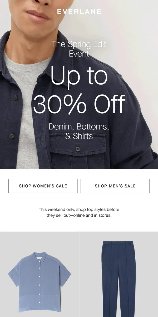 Email from Everlane. Up to 30% Off Denim, Bottoms, & Shirts