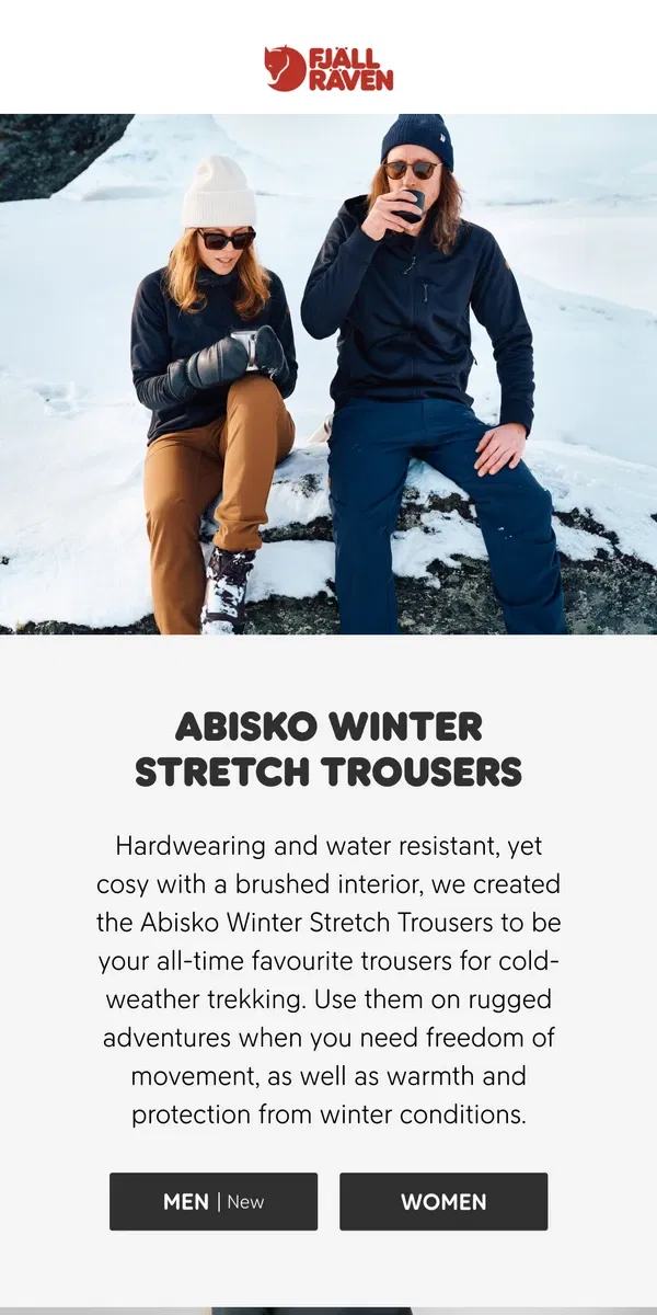 Email from Fjällräven. All about Abisko Winter Stretch Trousers