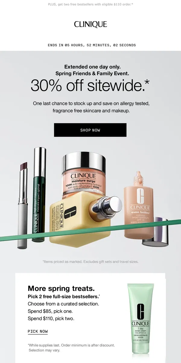 Email from Clinique. JUST HOURS LEFT. Enjoy 30% off sitewide.