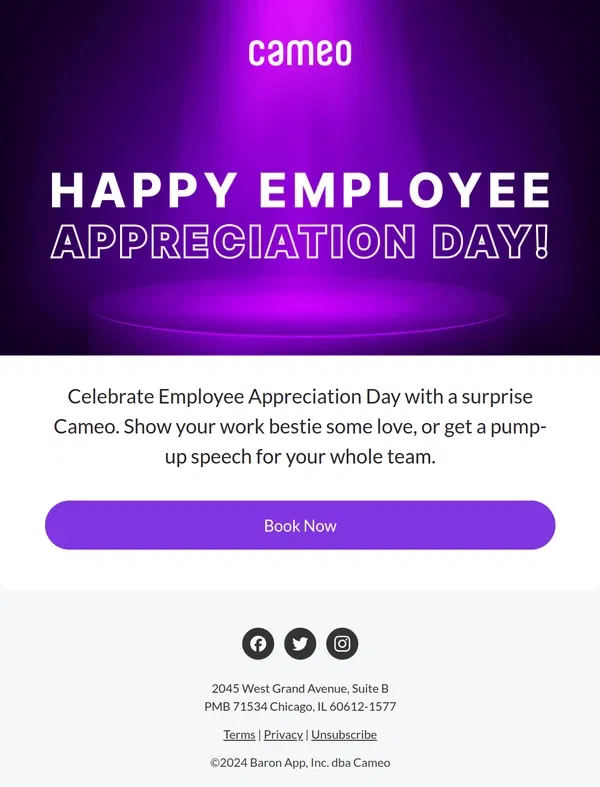 Email from Cameo. Celebrate Employee Appreciation Day!