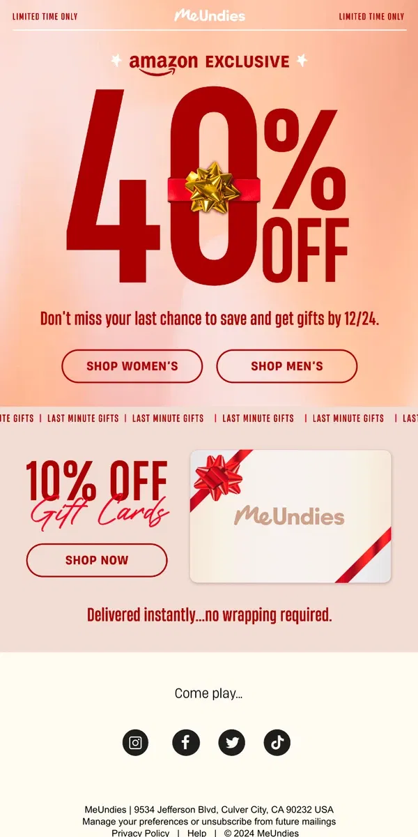 Email from MeUndies. 40% Off: Amazon Exclusive