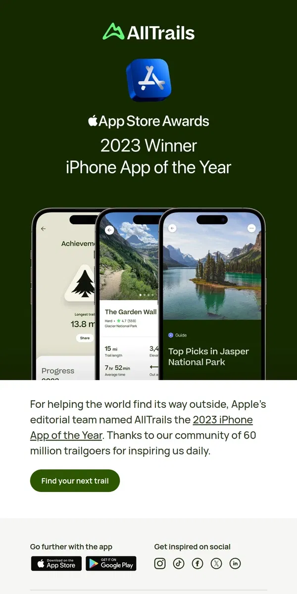 Email from AllTrails. 🎉 AllTrails is Apple’s iPhone App of the Year