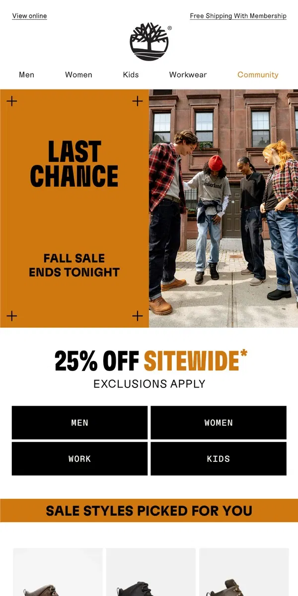 Email from Timberland. LAST CHANCE: Fall Sale Ends Tonight!