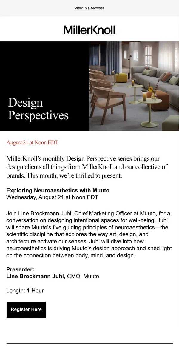 Email from Herman Miller. Join Us Tomorrow for MillerKnoll’s Design Perspectives Series