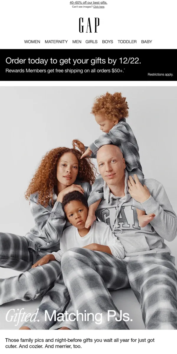 Email from GAP. Matching PJs for EVERYONE