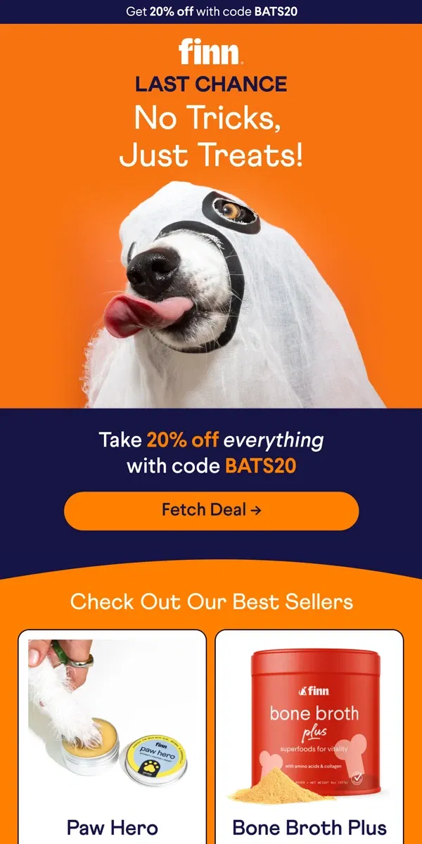 Email from Finn. 20% OFF 🎃 No tricks, just treats!