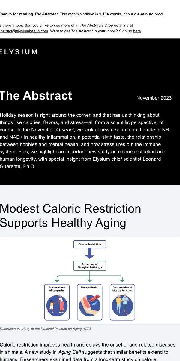 Email from Elysium Health. The Abstract: Cut Calories, Live Longer?