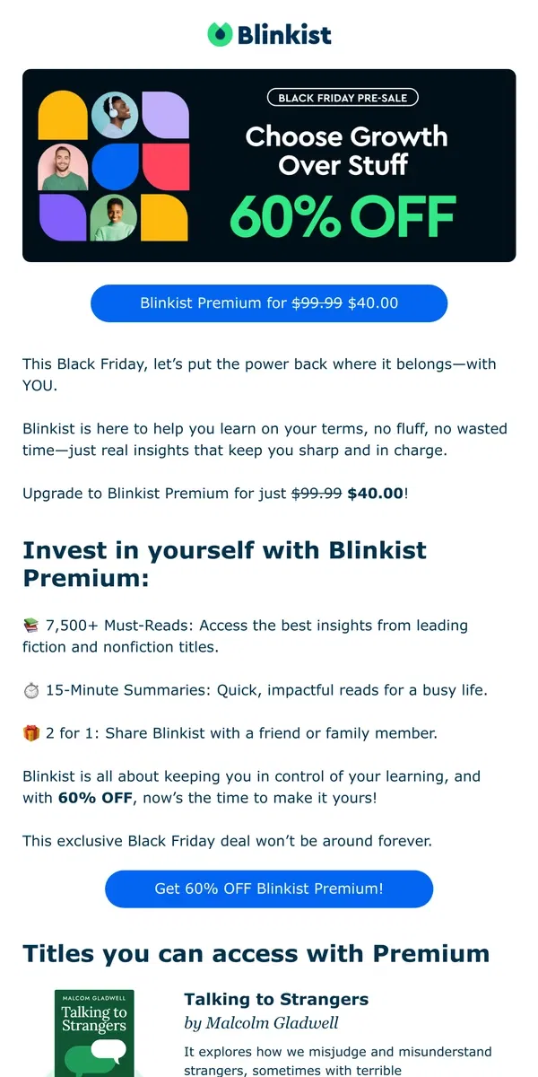 Email from Blinkist. Take Control of Your Growth - 60% OFF Blinkist! 💪