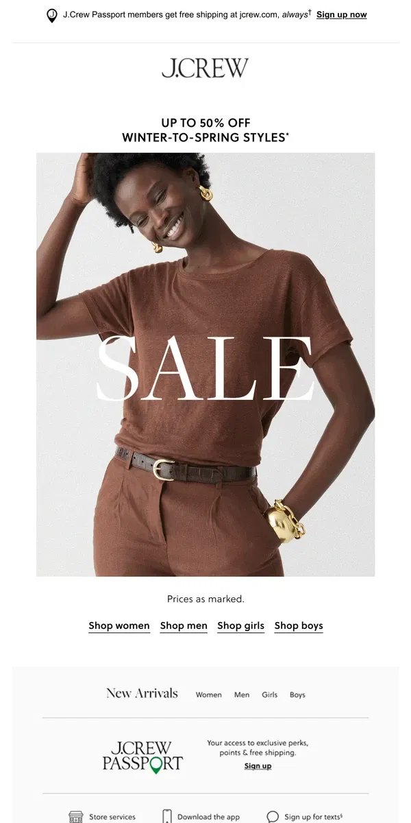 Email from J.Crew. Starts now: up to 50% off winter-to-spring styles