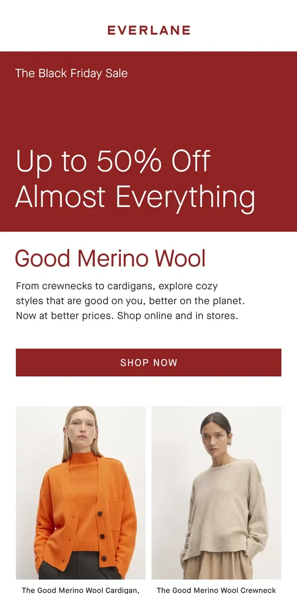 Email from Everlane. Up to 50% Off Good Merino Wool Sweaters