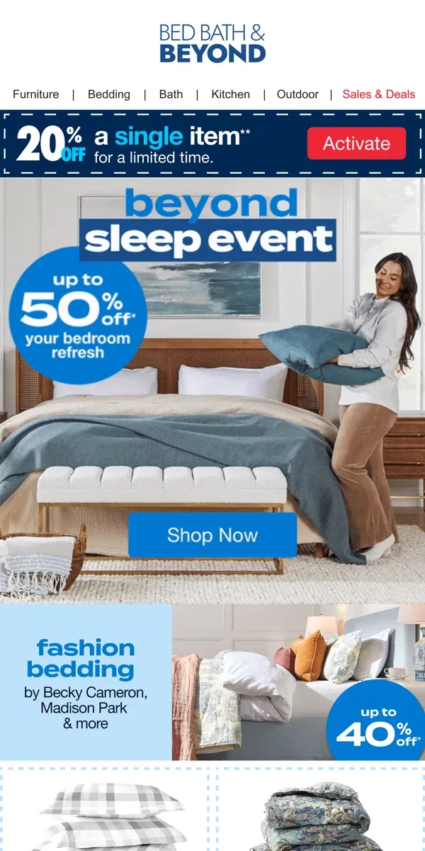 Email from Bed Bath & Beyond. The Beyond Sleep Event is HERE 🤩