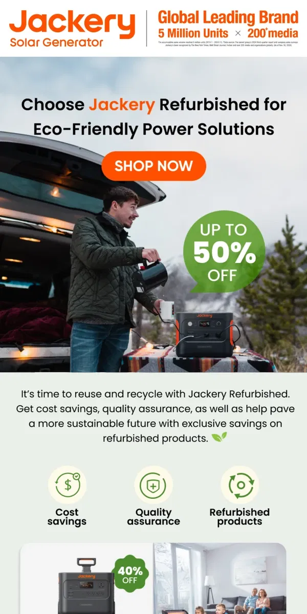 Email from Jackery. ♻️Up to 50% Off With All Jackery Refurbished!