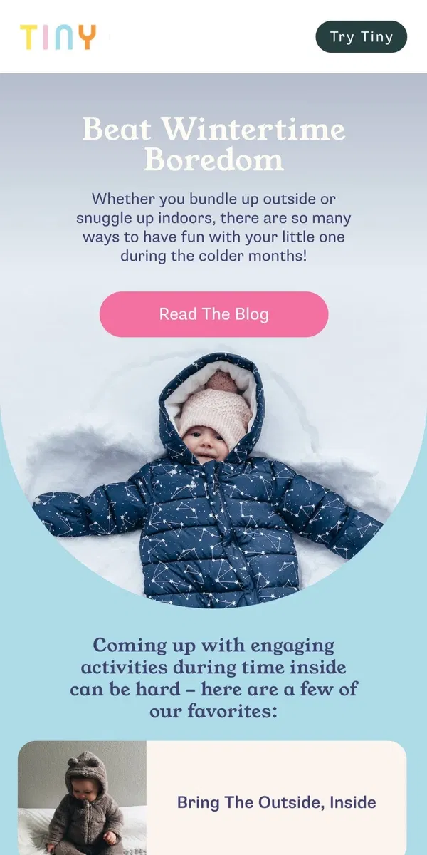 Email from Tiny Organics. 5 Fun Activities to do with your little one in the winter ❄️