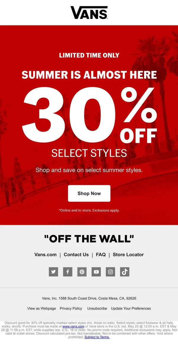 Email from Vans. 30% Off Weekend-Ready Styles