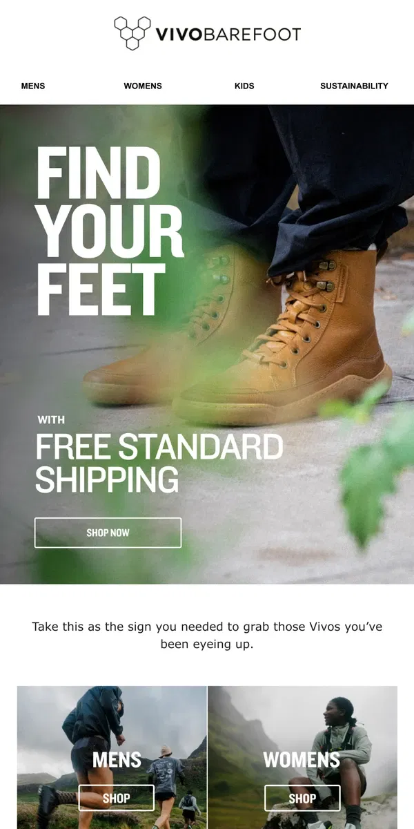 Email from Vivobarefoot. Free standard shipping | Find your feet