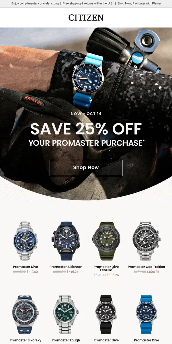 Email from Citizen Watch. It’s Time for Adventure! Go Deeper. Go Higher. Go Further.