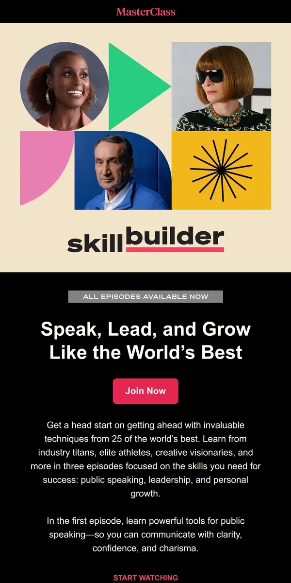 Email from Masterclass. Build essential skills for extraordinary success