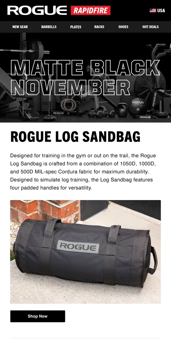 Email from Rogue Fitness. Just Launched: Rogue Log Sandbag