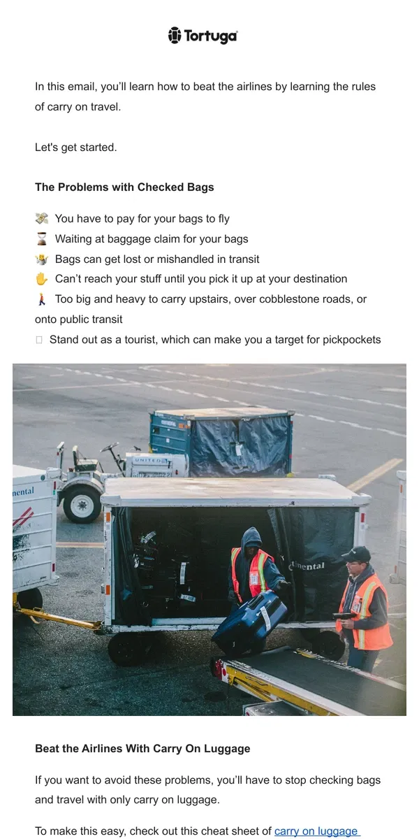 Email from Tortuga Backpacks. How to beat the airlines ✈️